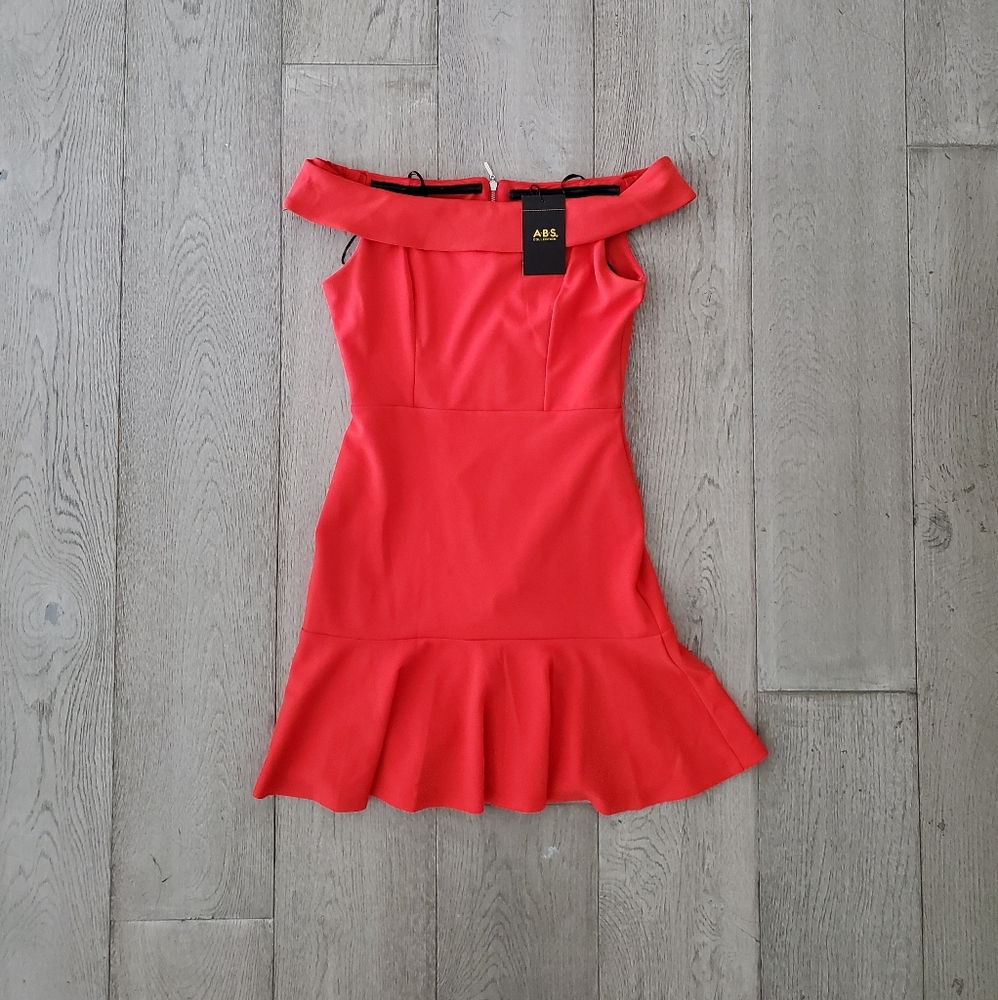 Red off-shoulder fitted flare dress